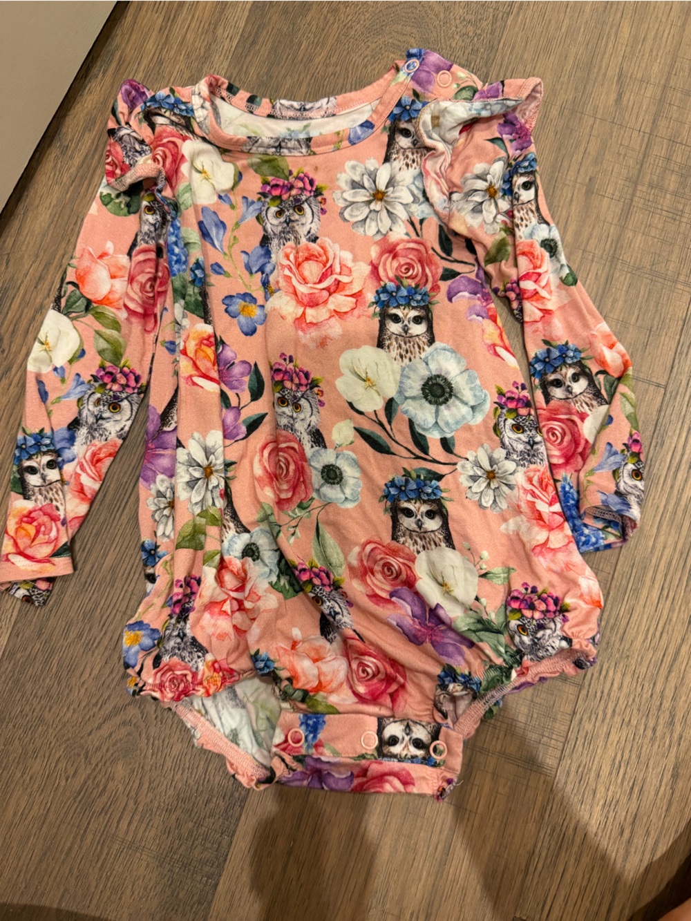 Posh Peanut Peach Floral & Owl Print Long-Sleeve One-Piece